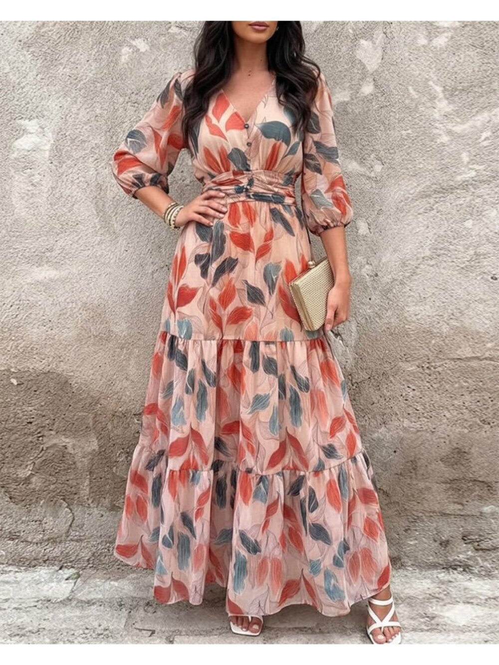 〽️Women’s Multicolor Leaf Print Boho Maxi Dress Shirred Back Tiered Ruffle - Picture 3 of 6